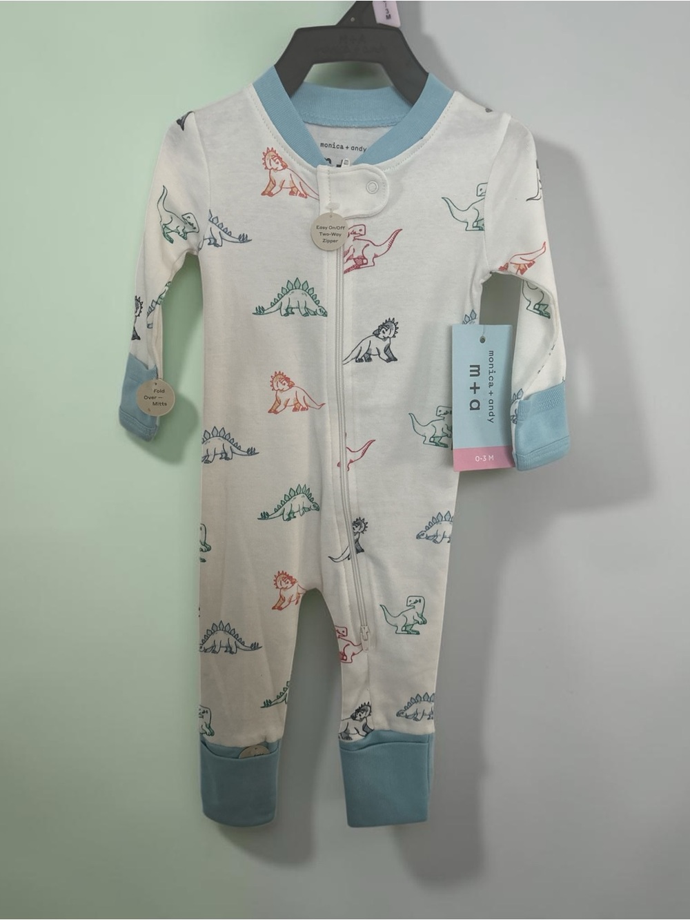 m+g Toddler Dino Footed One-Piece in Light Blue Trim